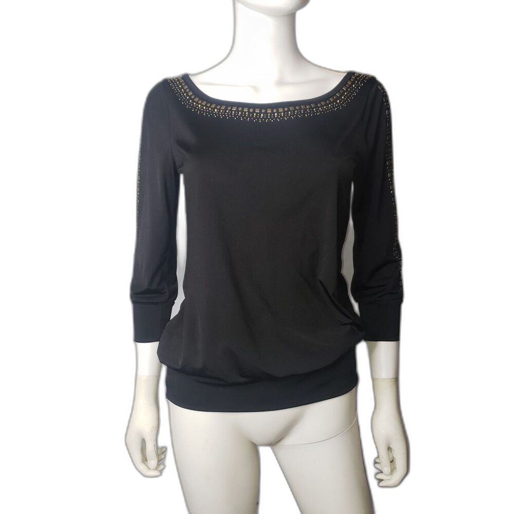 Vintage 90's CACHE Black Scoop Neck Gold Studded Blouse Womens Size Small
